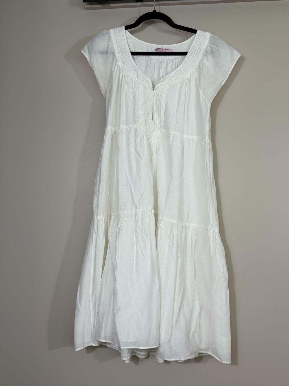 CALYPSO ST BARTH - cotton-silk blend, white Tiered Boho mini Dress, sz S